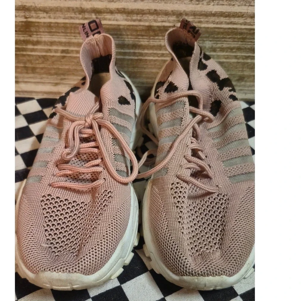Mauve Pink Knit Leopard Print Chunky Platform Sneakers Lace Up Athletic‎ Shoes